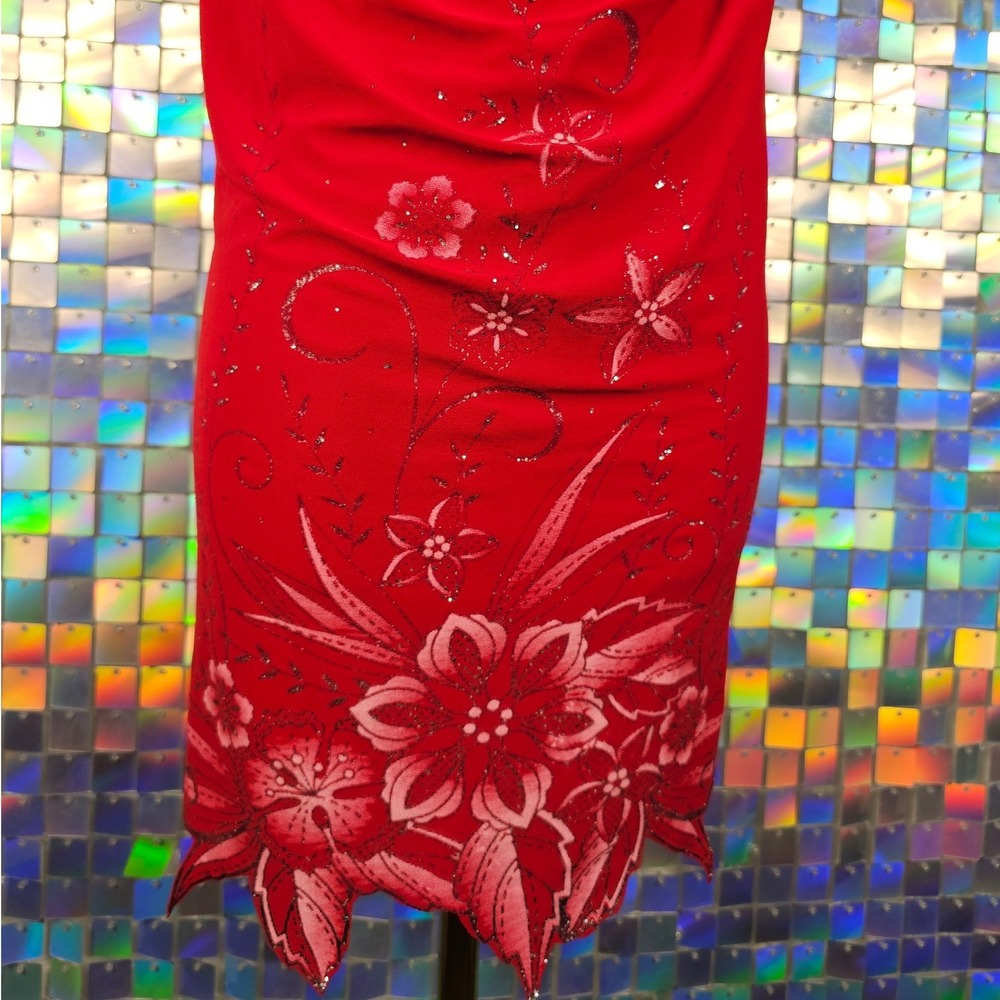 Halter Mini Dress Women Size M Red Excellent Floral Glitter Cowl Neck - Picture 9 of 10